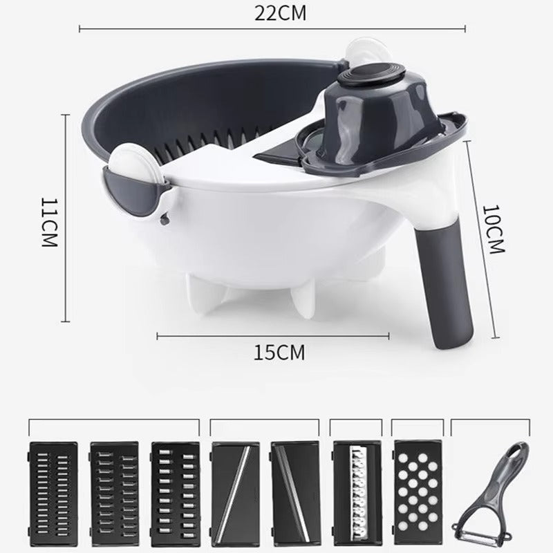 9 in 1 Vegetable Cutter With Drain Basket showing stainless steel blades and ergonomic design for easy vegetable slicing