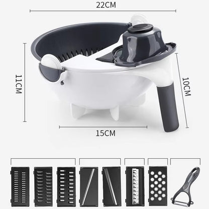 9 in 1 Vegetable Cutter With Drain Basket showing stainless steel blades and ergonomic design for easy vegetable slicing