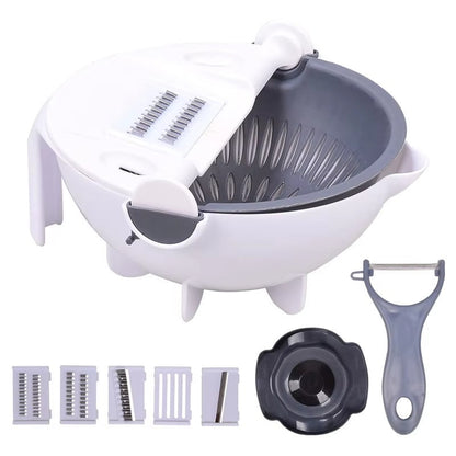 9 in 1 Vegetable Cutter With Drain Basket showing stainless steel blades and ergonomic design for easy vegetable slicing