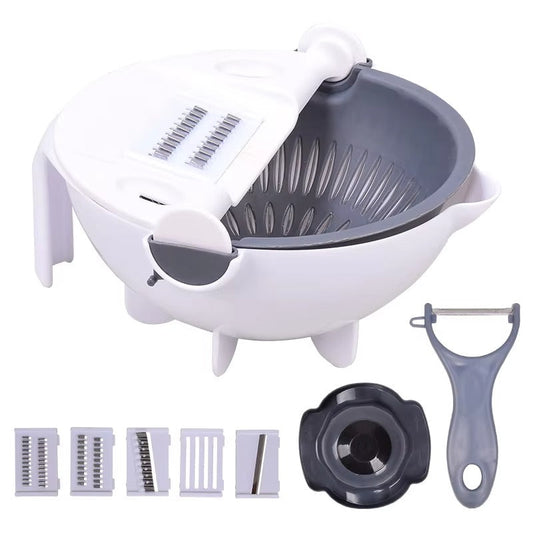 9 in 1 Vegetable Cutter With Drain Basket showing stainless steel blades and ergonomic design for easy vegetable slicing