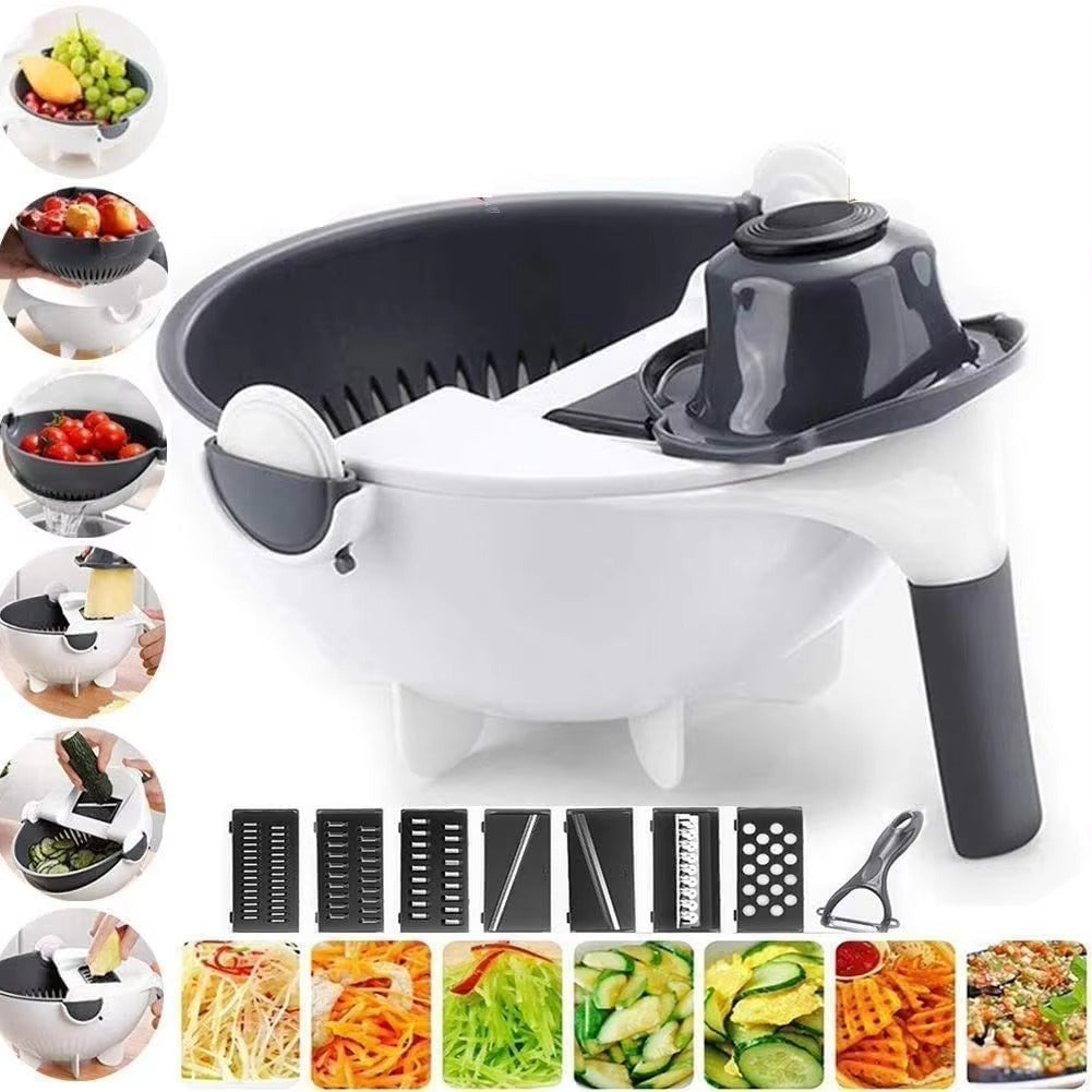 9 in 1 Vegetable Cutter With Drain Basket showing stainless steel blades and ergonomic design for easy vegetable slicing